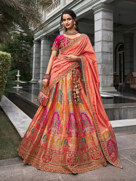Peerless Peach Banarasi Silk Bridal Lehenga Choli Set - women's fashion mart