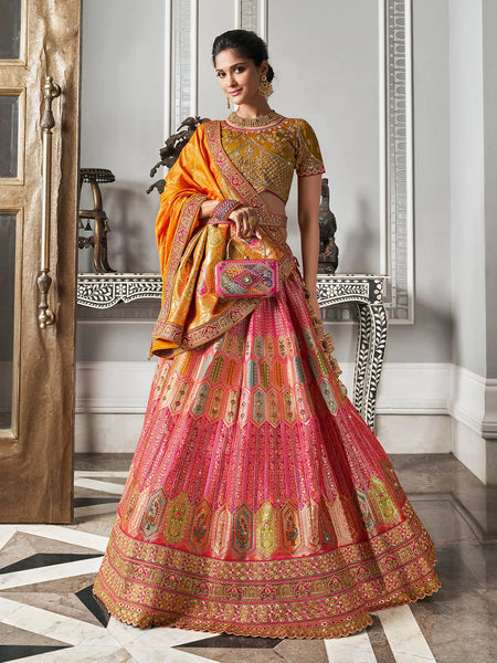 Divine Mustard-Pink Banarasi Silk Bridal Lehenga Choli Set - women's fashion mart