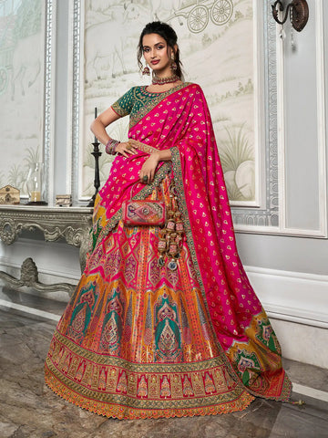 Designer Pink-Green Banarasi Silk Bridal Lehenga Choli Set - women's fashion mart