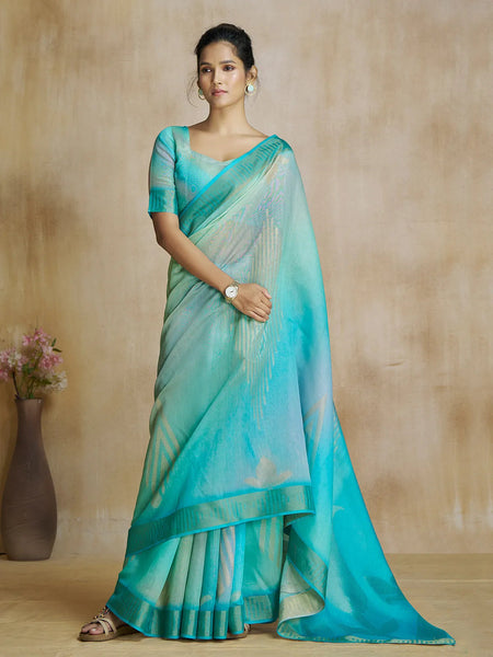 Flawless Fancy Aqua Blue Digital Printed Saree - women's fashion mart