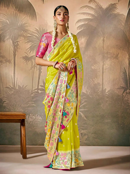 Designer Bright Green Paithani Banarasi Silk Saree with Floral Motifs - women's fashion mart