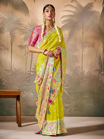 Designer Bright Green Paithani Banarasi Silk Saree with Floral Motifs - women's fashion mart