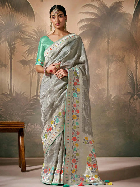 Graceful Grey Paithani Banarasi Silk Saree with Floral Motifs - women's fashion mart