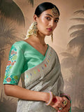Graceful Grey Paithani Banarasi Silk Saree with Floral Motifs - women's fashion mart