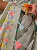 Graceful Grey Paithani Banarasi Silk Saree with Floral Motifs - women's fashion mart
