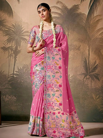 Peerless Pink Paithani Banarasi Silk Saree with Floral Motifs - women's fashion mart