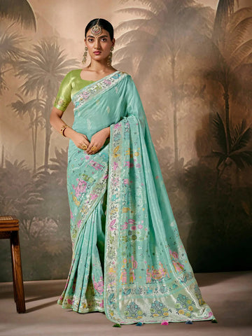 Majestic Mint Green Paithani Banarasi Silk Saree with Floral Motifs - women's fashion mart