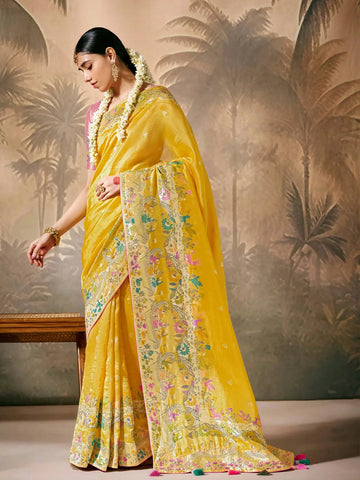 Marvelous Yellow Paithani Banarasi Silk Saree with Floral Motifs - women's fashion mart