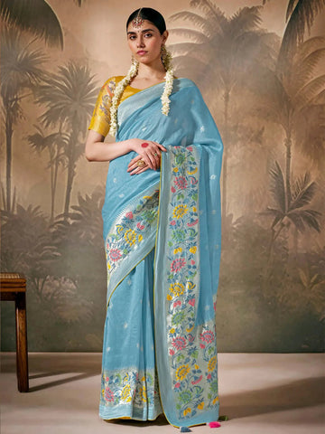 Flawless Sky Blue Paithani Banarasi Silk Saree with Floral Motifs - women's fashion mart