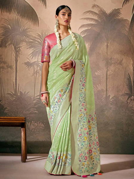 Pristine Pista Green Paithani Banarasi Silk Saree with Floral Motifs - women's fashion mart