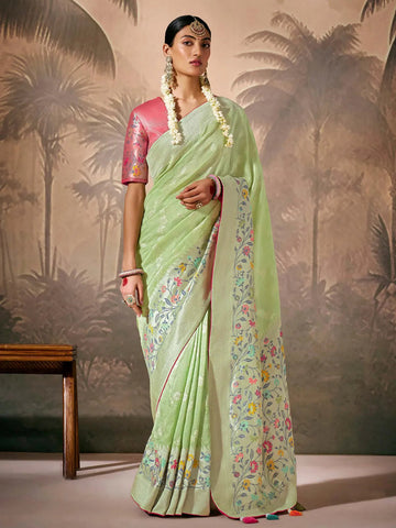 Pristine Pista Green Paithani Banarasi Silk Saree with Floral Motifs - women's fashion mart