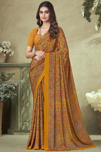 Mustard Color Crepe Silk Printed Saree.