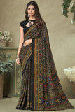 Black Color Printed Saree In Crepe Silk.