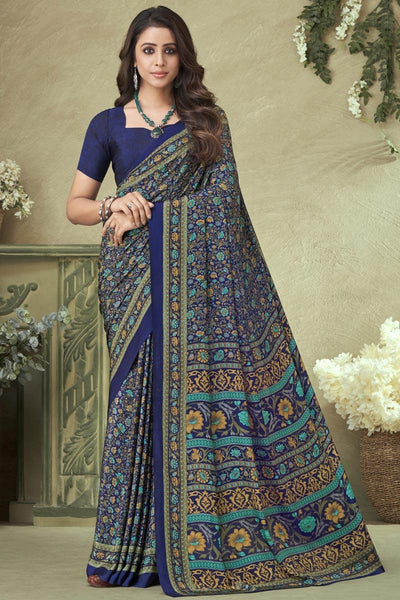Blue Color Printed Saree In Crepe Silk.