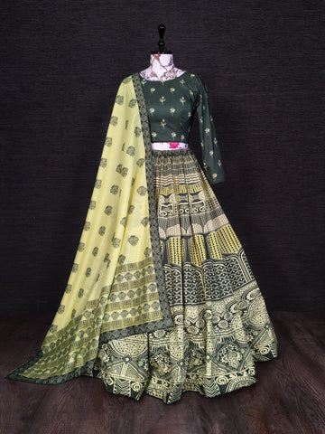 Parrot Color Printed And Sequins Hand Work Vaishali Silk Lehenga Choli With Muslin Silk Dupatta