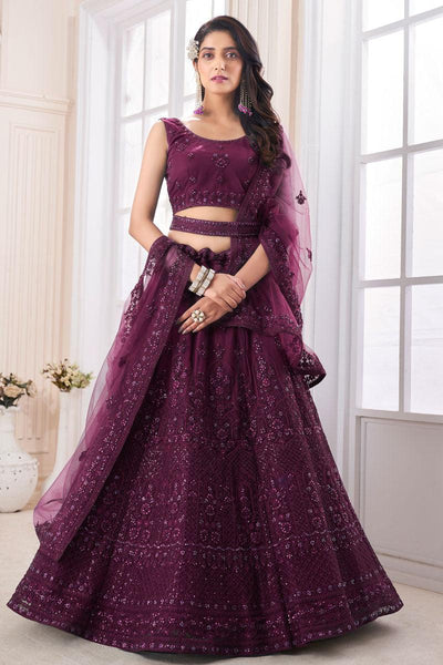 Wine Wedding Wear Net Fabric Lehenga Choli.