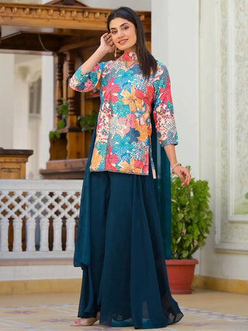 Multicolored FLoral Printed Handworked Designer Top Palazzo Suit - women's fashion mart