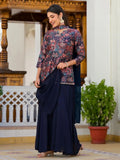 Navy Blue FLoral Printed Handworked Designer Top Palazzo Suit - women's fashion mart