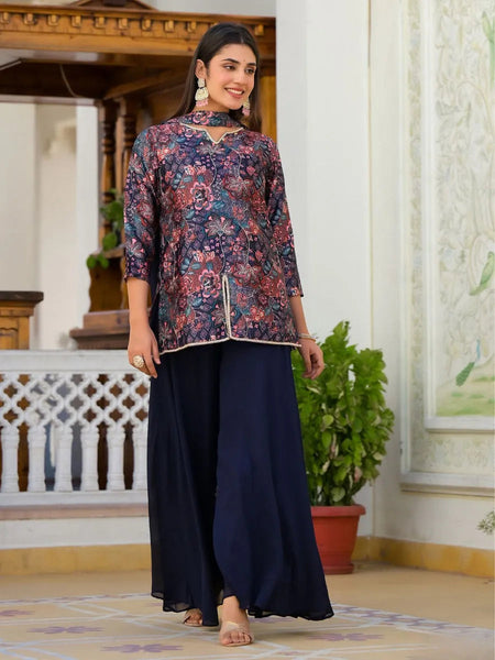 Navy Blue FLoral Printed Handworked Designer Top Palazzo Suit - women's fashion mart
