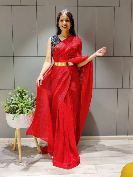 1 Min Ready-To-Wear Saree with full sequence blouse -Georgette Saree RED women's fashion mart