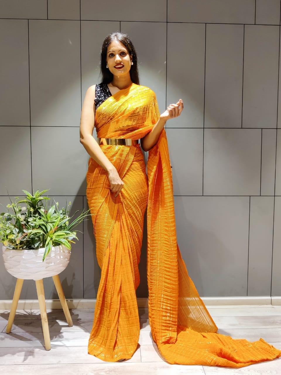 1 Min Ready-To-Wear Saree with full sequence blouse -Georgette Saree YELLOW women's fashion mart