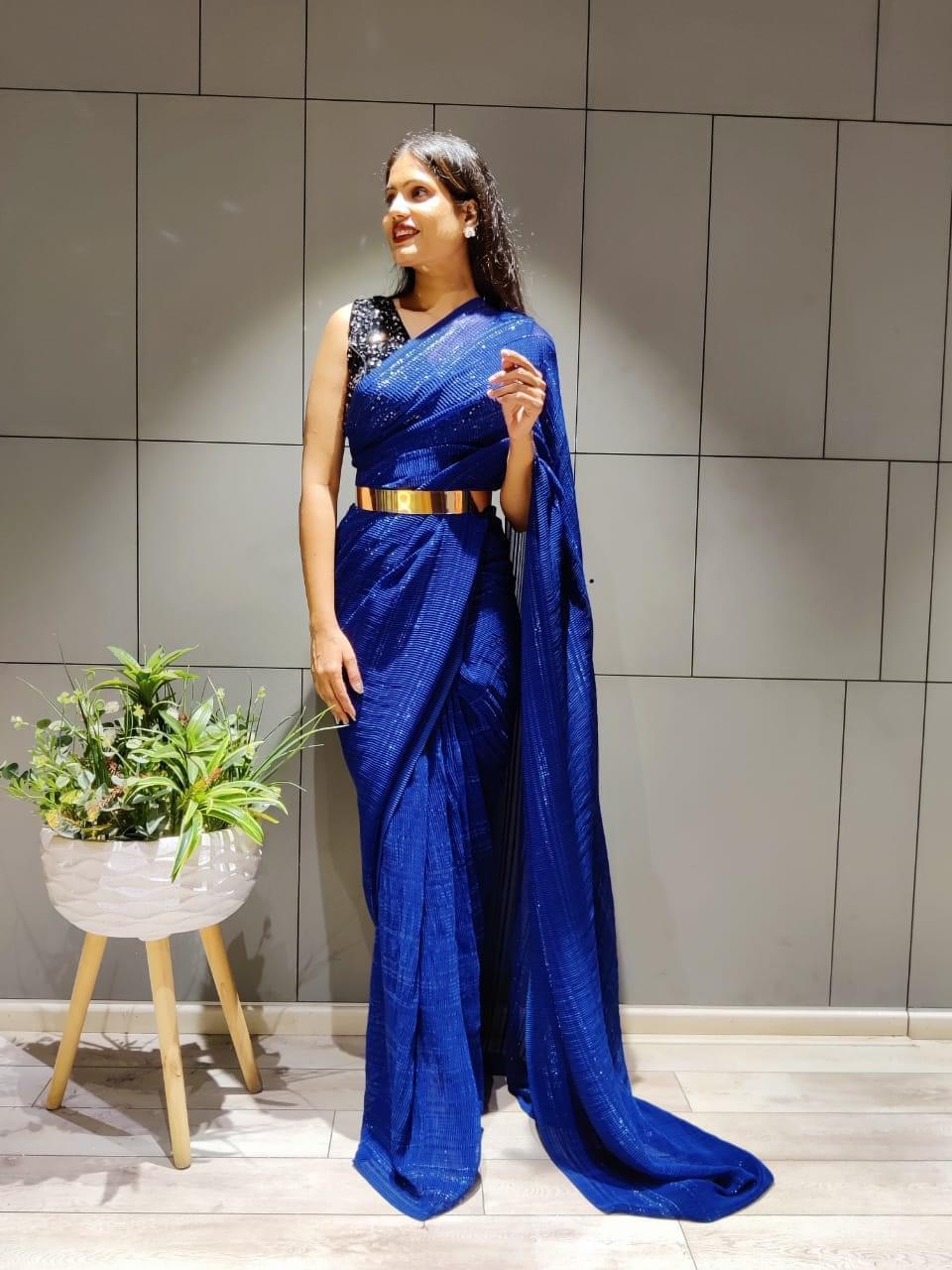 1 Min Ready-To-Wear Saree with full sequence blouse -Georgette Saree BLUE women's fashion mart