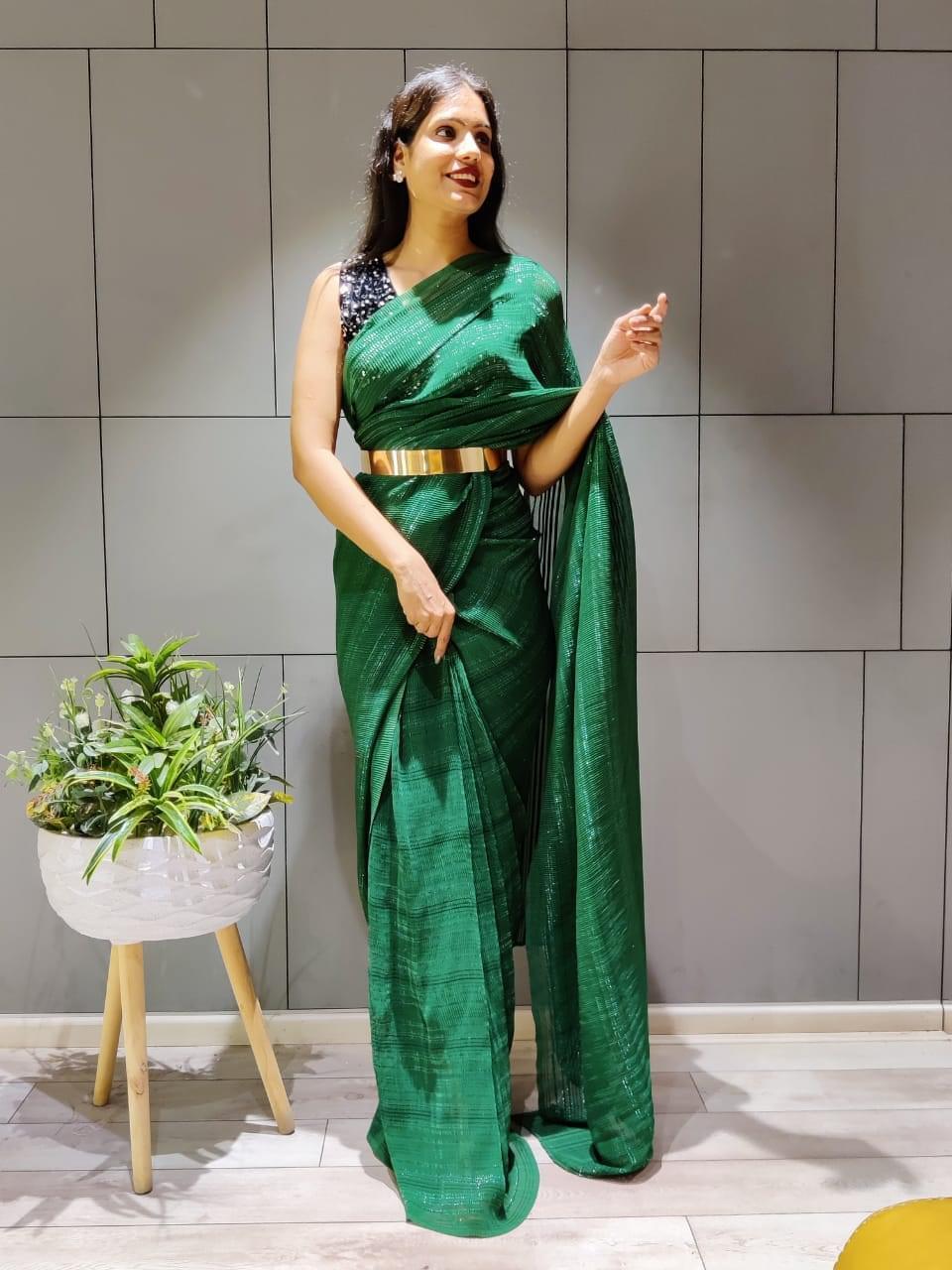 1 Min Ready-To-Wear Saree with full sequence blouse -Georgette Saree GREEEN women's fashion mart