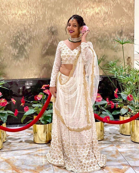 White colour real mirror heavy embroidery work lehenga choli -Lehenga Choli Default Title women's fashion mart