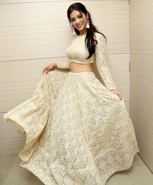 White faux georgette embroidery work lehenga choli -Lehenga Choli Default Title women's fashion mart