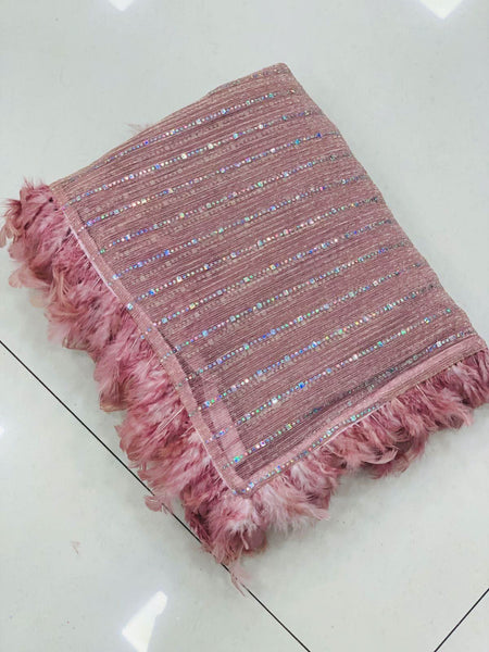 ready to wear saree with feathers -fancy silk ROSE PINK women's fashion mart