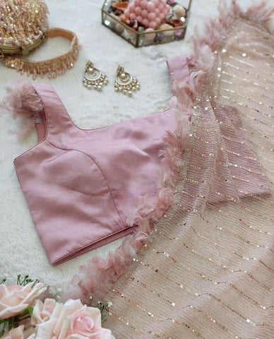 ready to wear saree with feathers -fancy silk ROSE PINK women's fashion mart