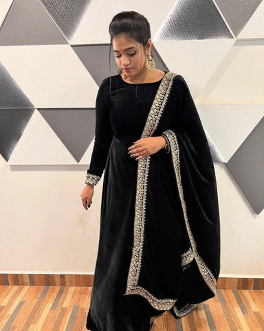 thread work black velvet suit -Designer Suit Default Title women's fashion mart
