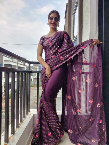 1 min ready to wear sequins saree -Silk Saree wine women's fashion mart