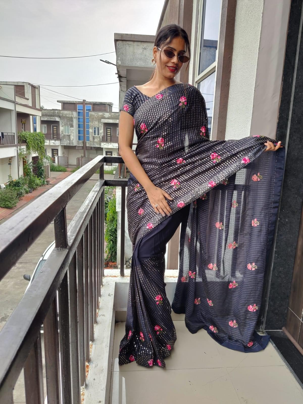 1 min ready to wear sequins saree -Silk Saree navy blue women's fashion mart