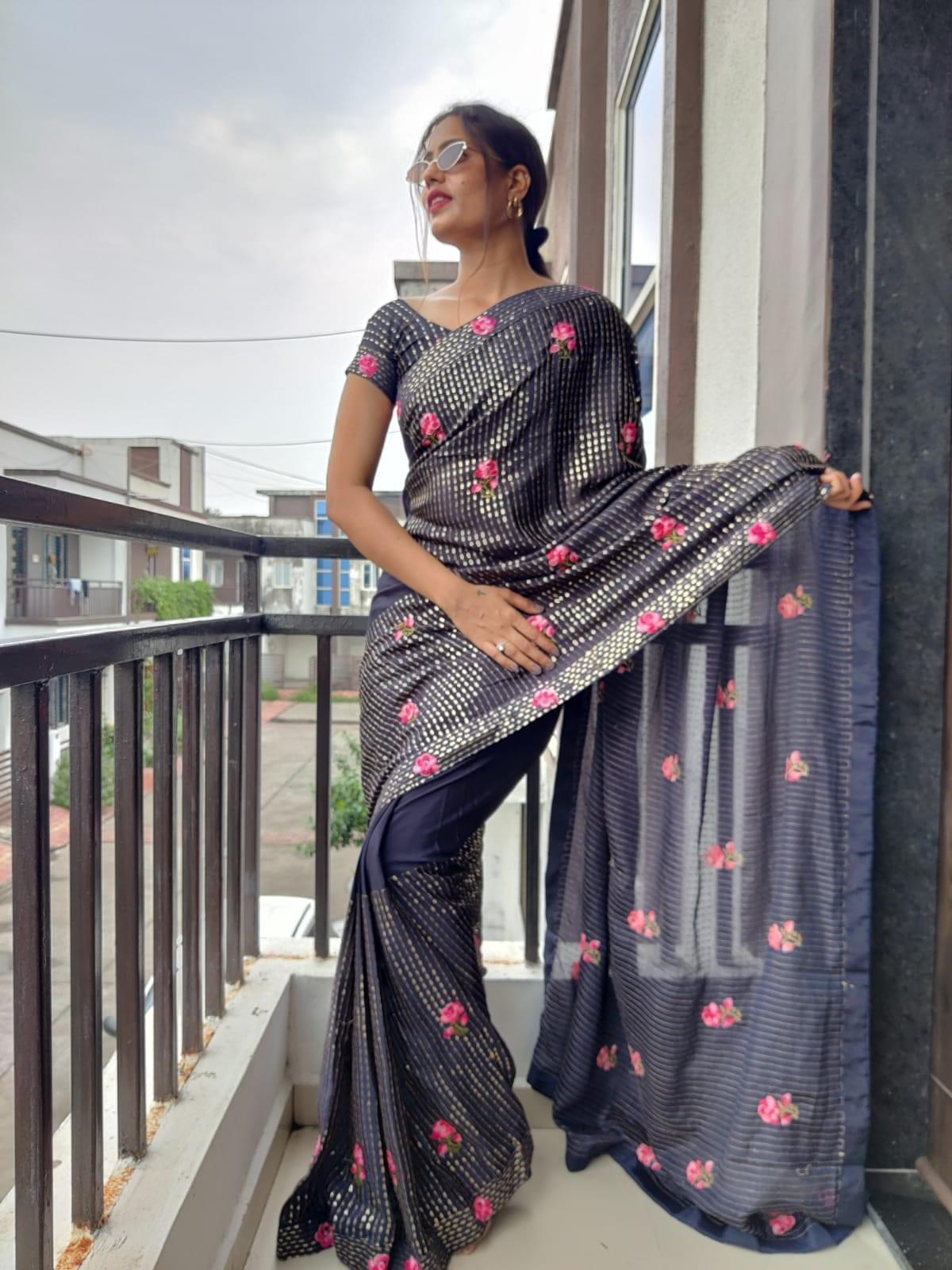1 min ready to wear sequins saree -Silk Saree wine women's fashion mart