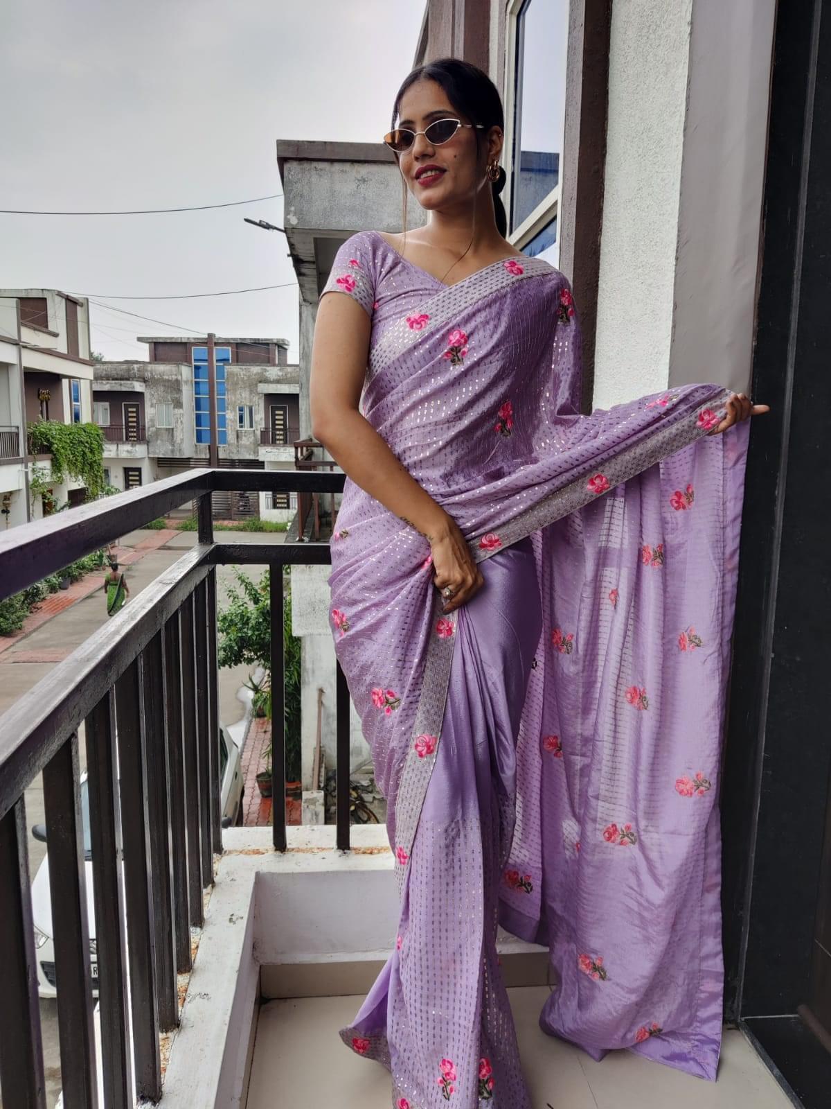 1 min ready to wear sequins saree -Silk Saree lilac women's fashion mart