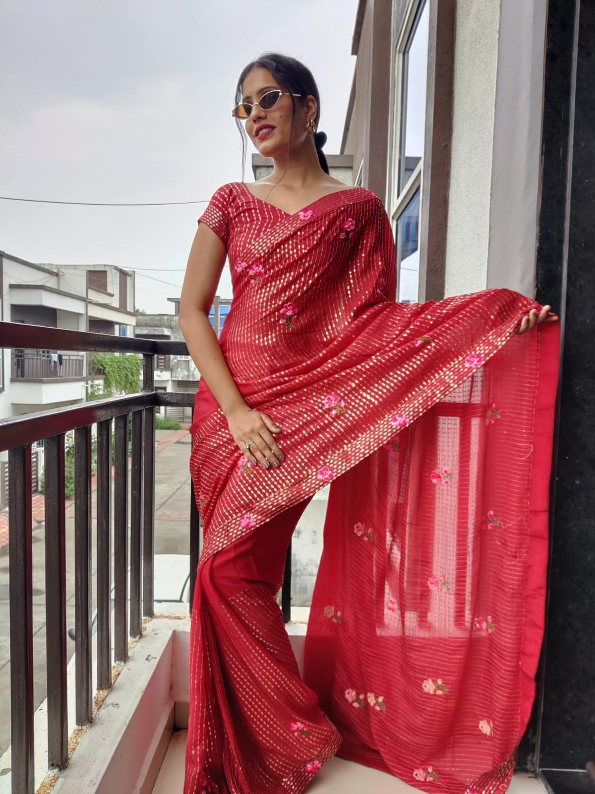 1 min ready to wear sequins saree -Silk Saree red women's fashion mart