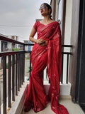 1 min ready to wear sequins saree -Silk Saree wine women's fashion mart