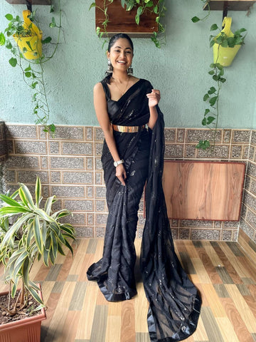 Ready to wear sequence work saree -Georgette Saree black women's fashion mart