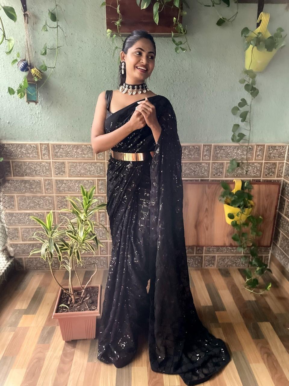 1 min ready to wear Sequences saree -Georgette Saree black women's fashion mart