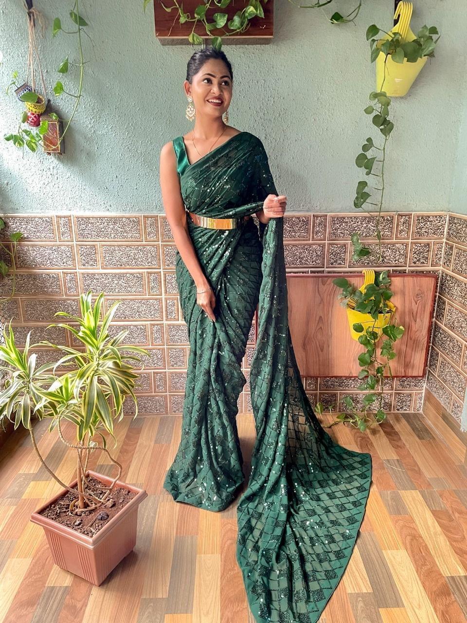 1 min ready to wear Sequences saree -Georgette Saree green women's fashion mart