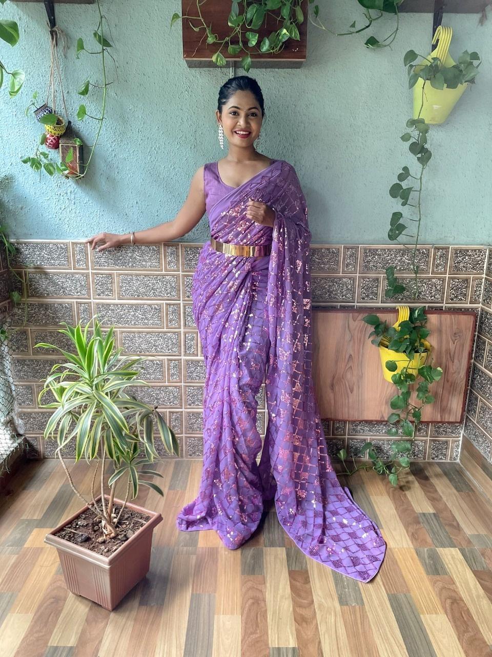 1 min ready to wear Sequences saree -Georgette Saree orchid purple women's fashion mart