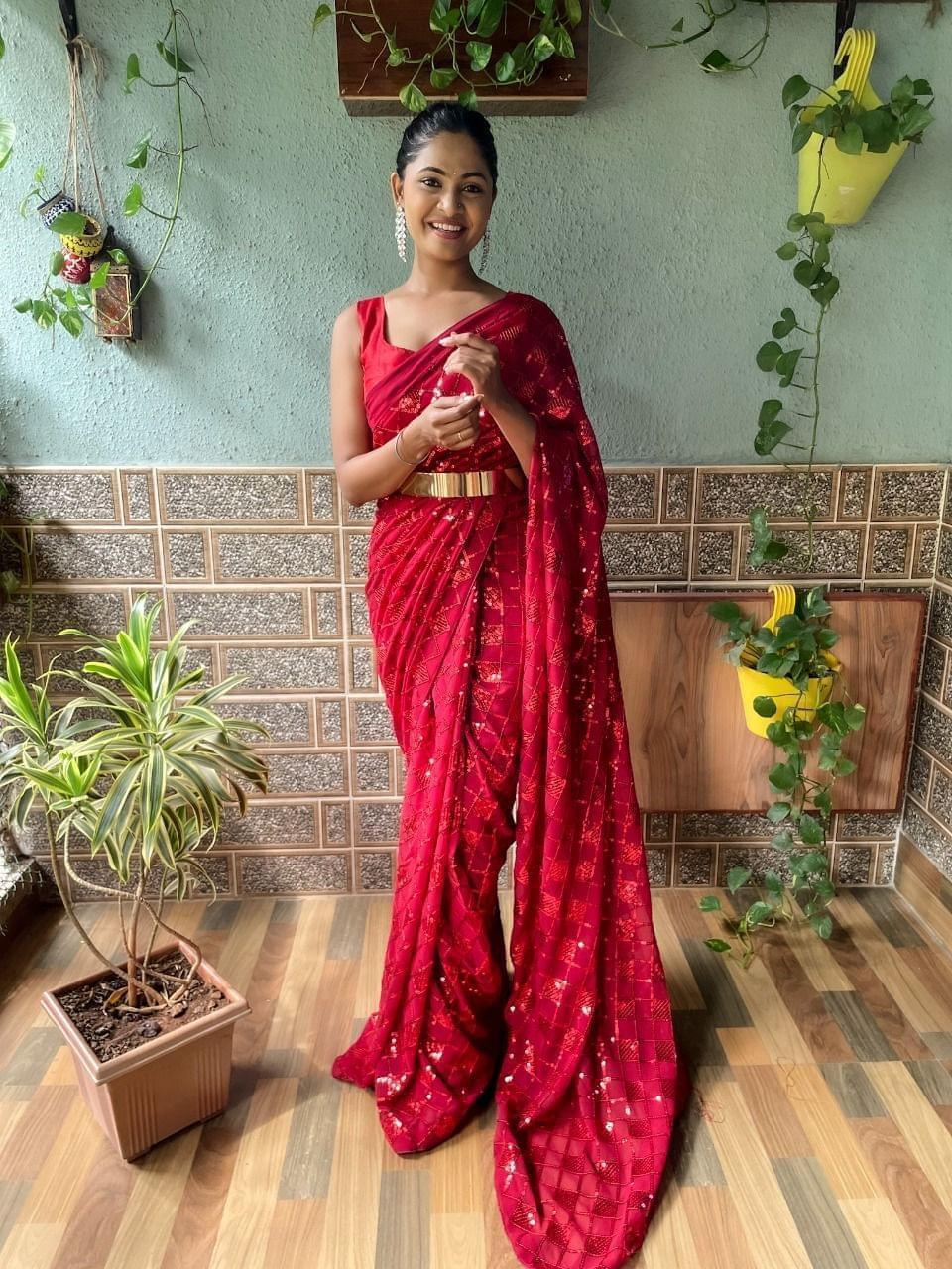 1 min ready to wear Sequences saree -Georgette Saree red women's fashion mart