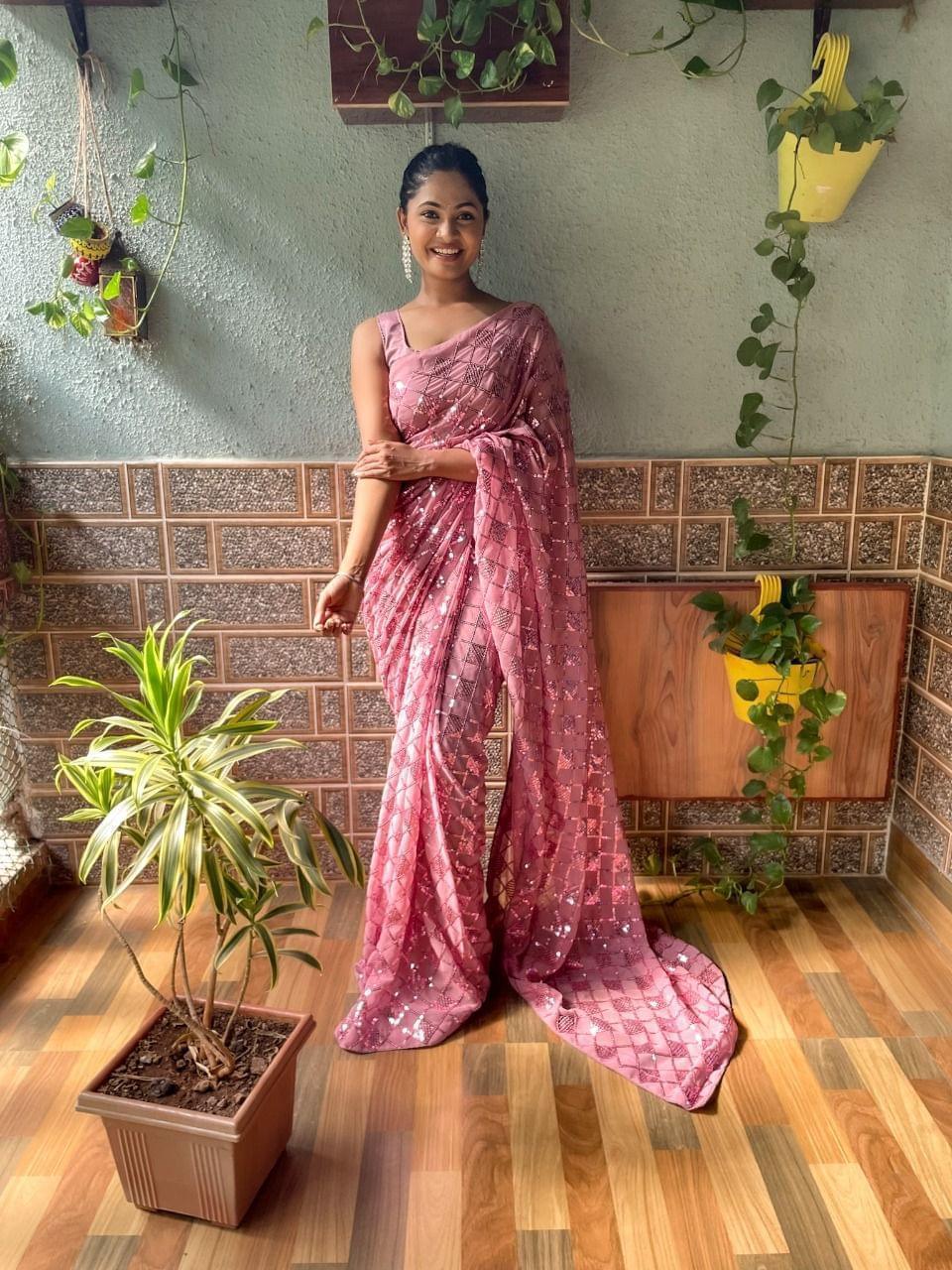 1 min ready to wear Sequences saree -Georgette Saree rose pink women's fashion mart