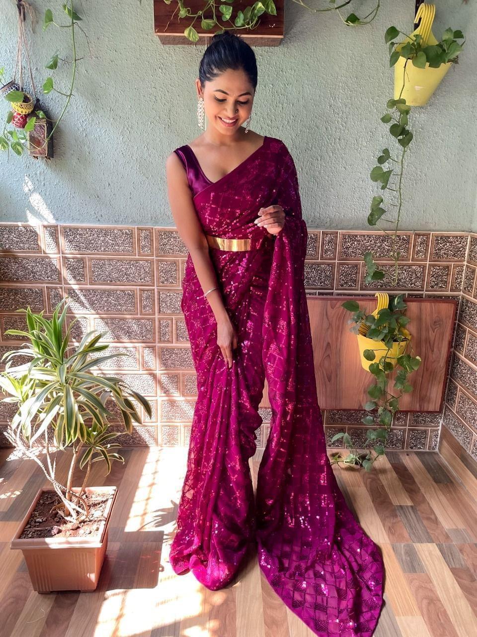 1 min ready to wear Sequences saree -Georgette Saree wine women's fashion mart