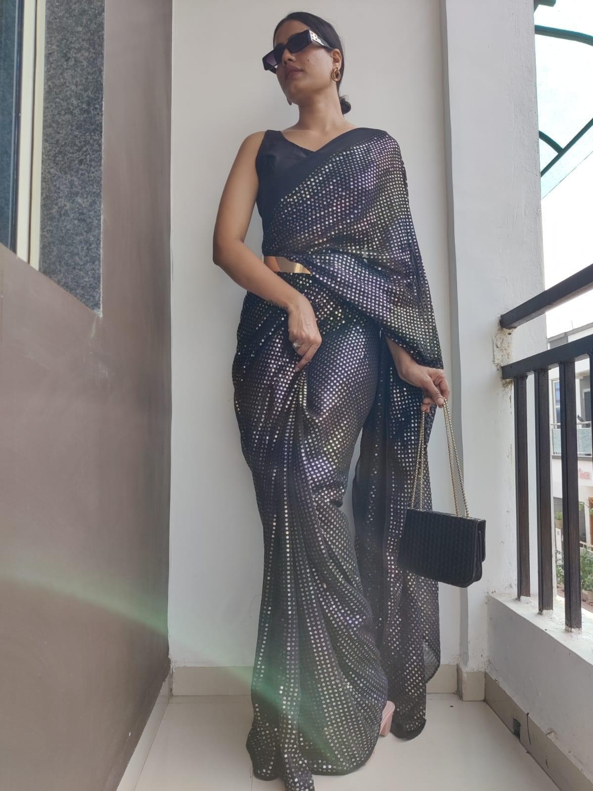 1 min ready to wear multi color sequins work saree -Georgette Saree Default Title women's fashion mart