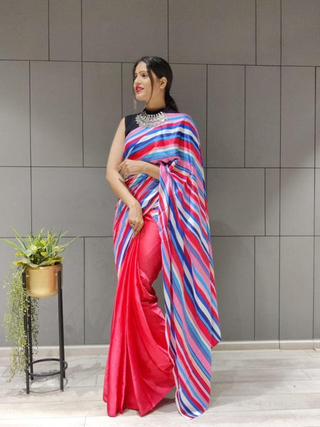 1 min ready to wear digital print satin silk saree -Satin saree red women's fashion mart