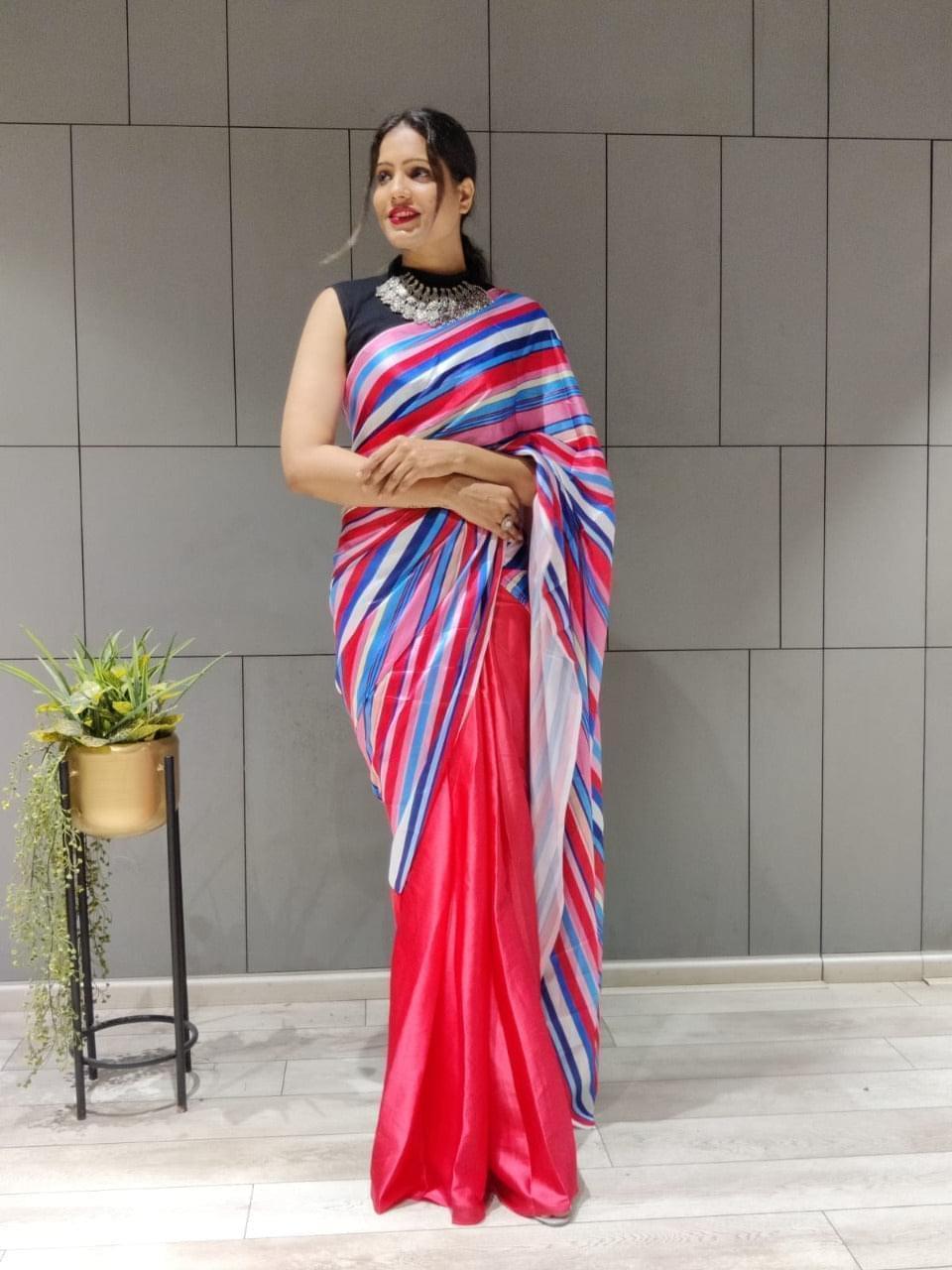 1 min ready to wear digital print satin silk saree -Satin saree red women's fashion mart