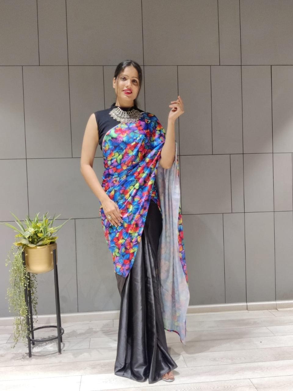 1 min ready to wear digital print satin silk saree -Satin saree red women's fashion mart