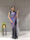 1 min ready to wear digital print satin silk saree -Satin saree red women's fashion mart